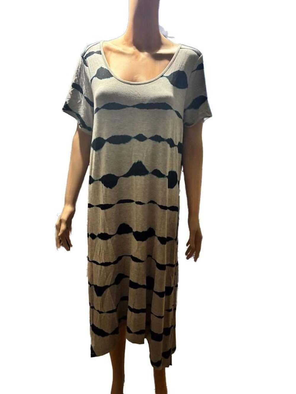 Intro Women's Stretch Short Sleeve Maxi Dress Grey with Black and Teal Pattern